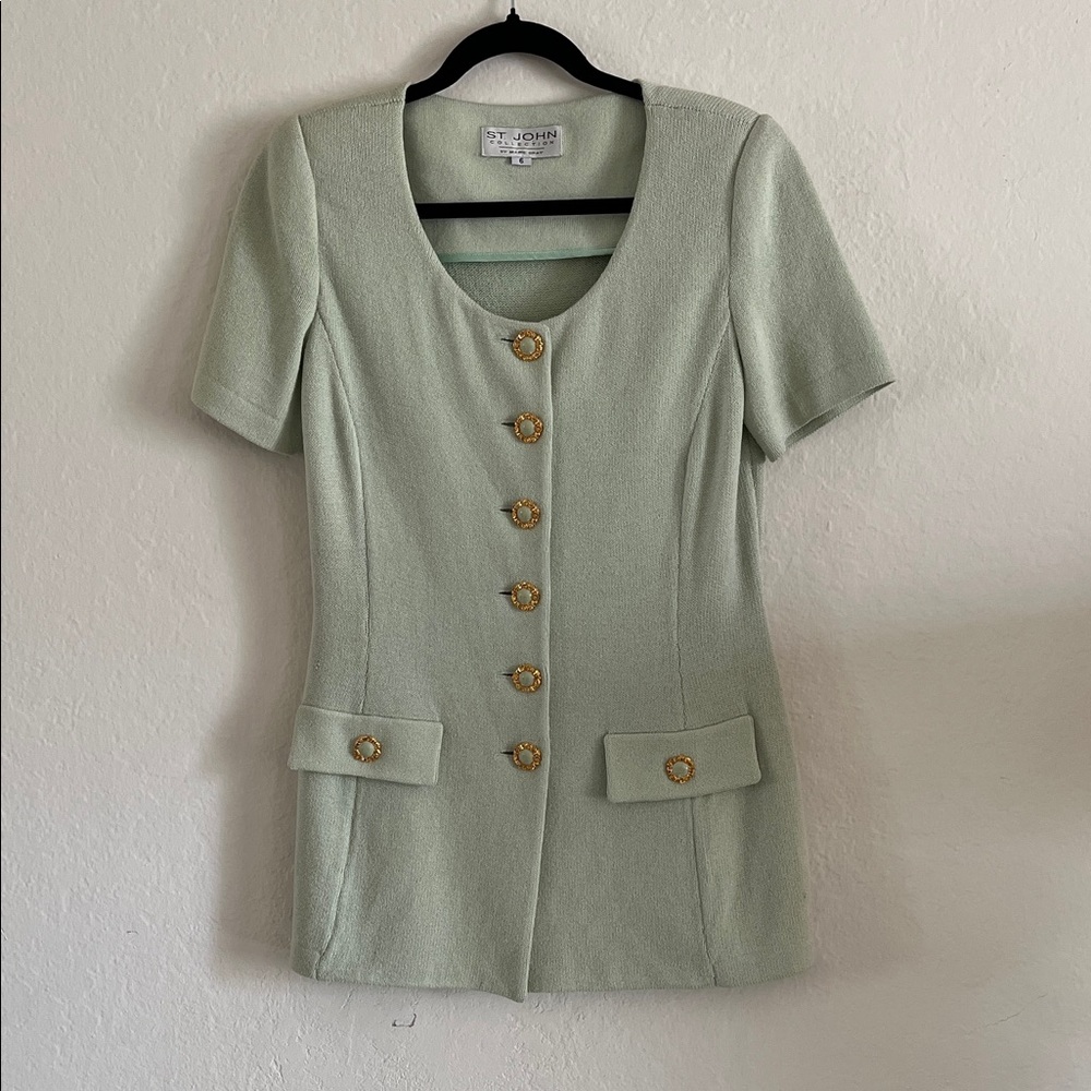 St. John Mint Green Short Sleeve Button Front Knit Top with Gold Accents